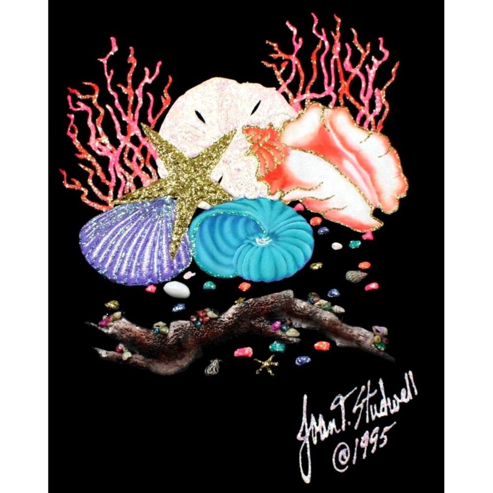 VTG 1995 Joan Studwell Hand Painted Glitter Seashell Design Hanes Beefy-T XX Lar